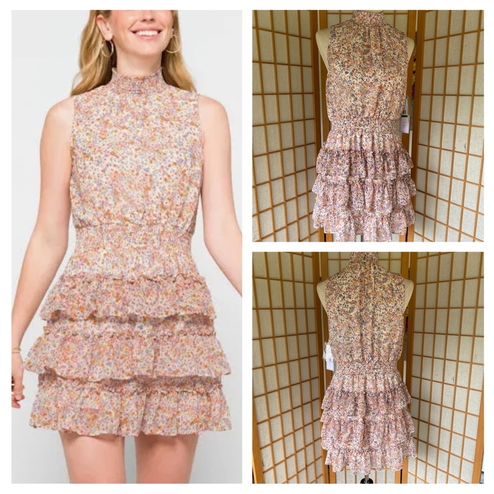 1. State Sweet Blooms Floral Sleeveless Tiered Mini Dress Smocked Waist SZ L NWT